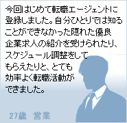 ����͂��߂ē]�E�G�[�W�F���g�ɓo�^���܂����B�����ЂƂ�ł͒m�邱�Ƃ��ł��Ȃ������B�ꂽ�D�Ǌ�Ƌ��l�̏Љ���󂯂�ꂽ��A�X�P�W���[�����������Ă��炦����ƁA�ƂĂ������悭�]�E�������ł��܂����B�i27�΁@�c�Ɓj