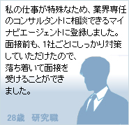 ���̎d��������Ȃ��߁A�ƊE��C�̃R���T���^���g�ɑ��k�ł���}�C�i�r�G�[�W�F���g�ɓo�^���܂����B�ʐڑO���A�P�Ђ��Ƃɂ�������΍􂵂Ă����������̂ŁA���������Ėʐڂ��󂯂邱�Ƃ��ł��܂����B�i28�΁@�����E�j