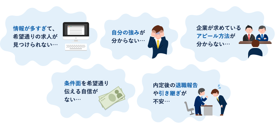 情報が多すぎて、希望通りの求人が見つけられない… 自分の強みが分からない… 企業が求めているアピール方法が分からない… 条件面を希望通り伝える自信がない… 内定後の退職報告や引き継ぎが不安…