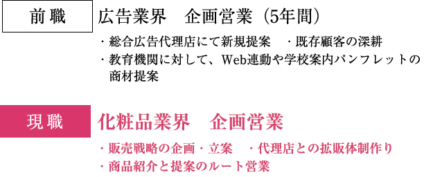 前職：広告業界　企画営業（5年間）現職：化粧品業界　企画営業